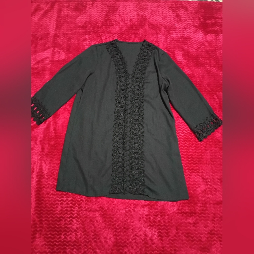 Chic Black Lace Detail Mini Shirt Dress.